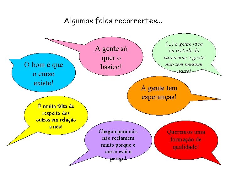 Algumas falas recorrentes. . . O bom é que o curso existe! É muita