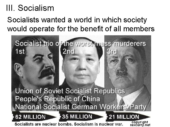 III. Socialism Socialists wanted a world in which society would operate for the benefit