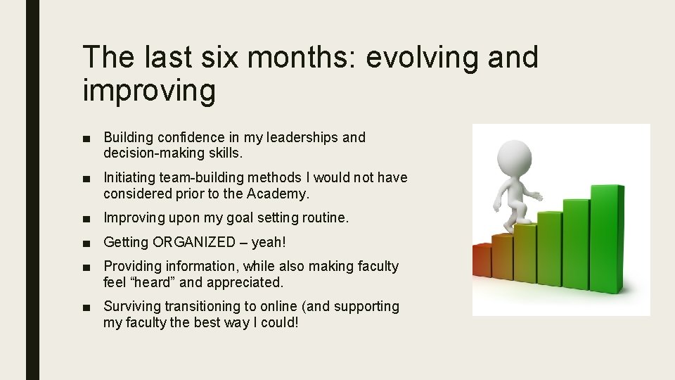 The last six months: evolving and improving ■ Building confidence in my leaderships and