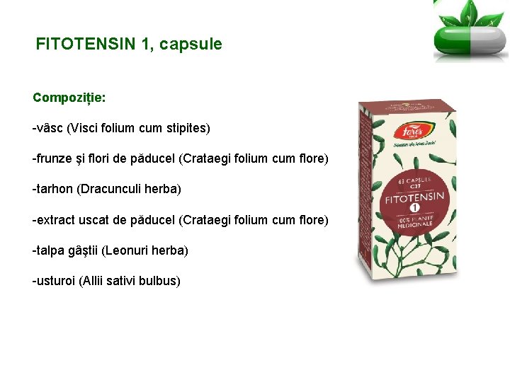 FITOTENSIN 1, capsule Compoziție: -vâsc (Visci folium cum stipites) -frunze şi flori de păducel