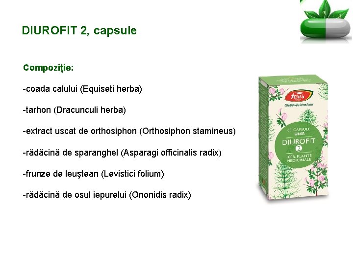 DIUROFIT 2, capsule Compoziție: -coada calului (Equiseti herba) -tarhon (Dracunculi herba) -extract uscat de