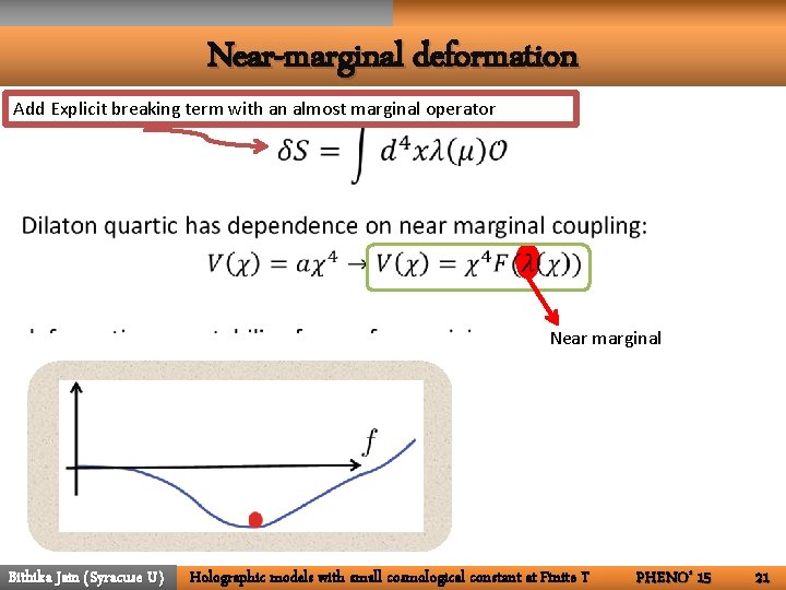 Near-marginal deformation Add Explicit breaking term with an almost marginal operator • Near marginal
