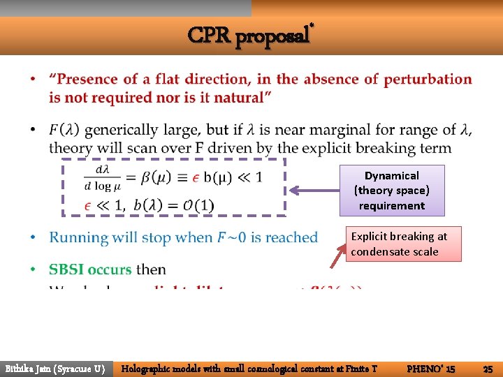 * CPR proposal • Dynamical (theory space) requirement Explicit breaking at condensate scale Bithika
