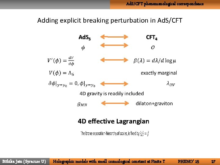 Ad. S/CFT phenomenological correspondence Adding explicit breaking perturbation in Ad. S/CFT 4 D effective