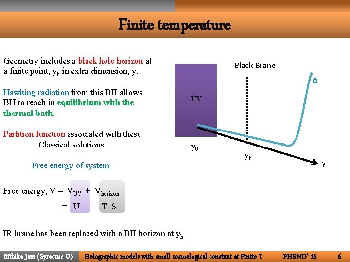 Finite temperature Geometry includes a black hole horizon at a finite point, yh in