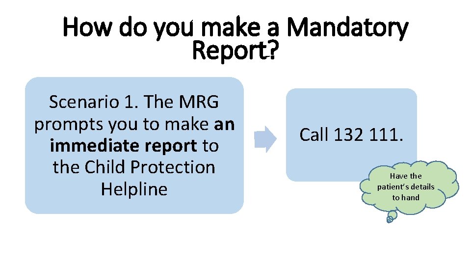 How do you make a Mandatory Report? Scenario 1. The MRG prompts you to