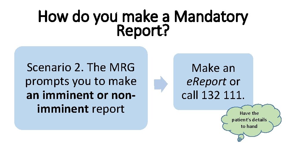 How do you make a Mandatory Report? Scenario 2. The MRG prompts you to