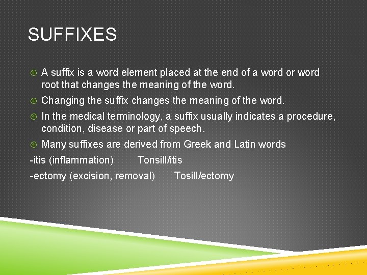SUFFIXES A suffix is a word element placed at the end of a word