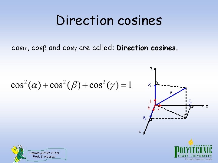 Direction cosines cos , cos and cos are called: Direction cosines. y Fy F