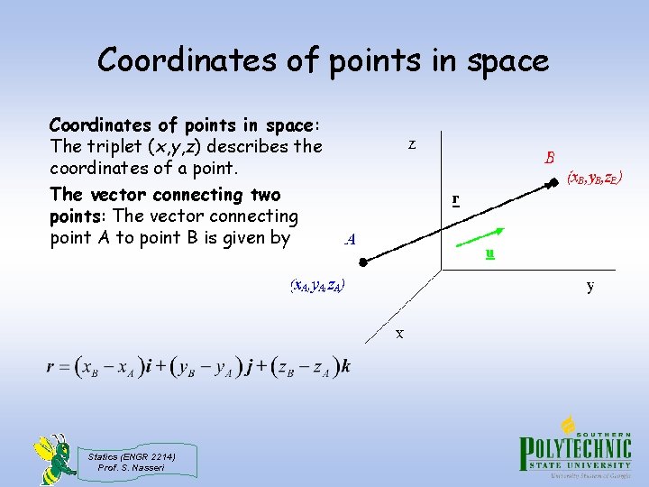 Coordinates of points in space: The triplet (x, y, z) describes the coordinates of
