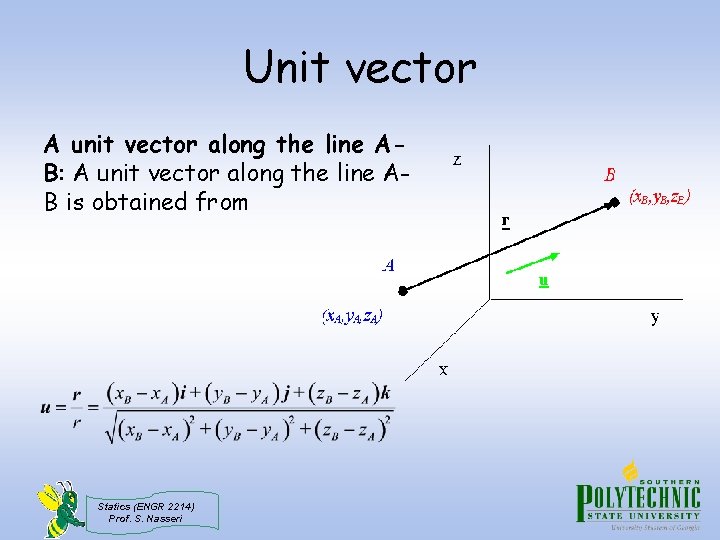 Unit vector A unit vector along the line AB: A unit vector along the
