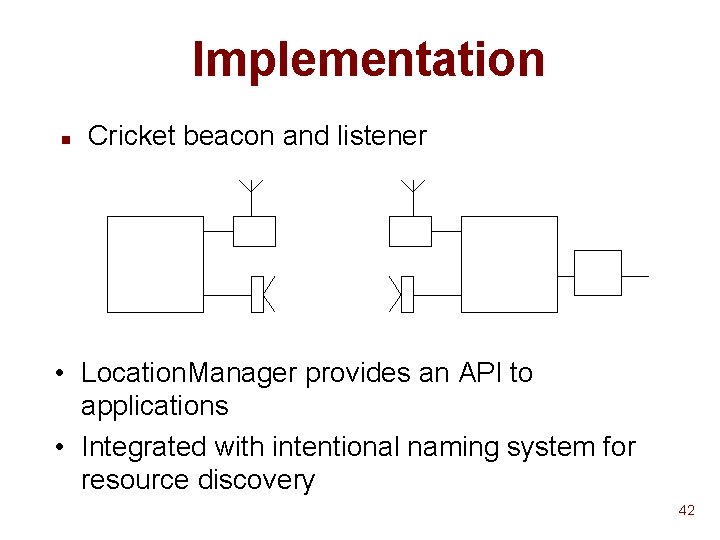 Implementation n Cricket beacon and listener • Location. Manager provides an API to applications