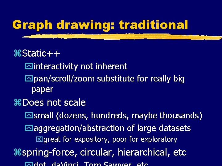 Graph drawing: traditional z. Static++ yinteractivity not inherent ypan/scroll/zoom substitute for really big paper Graph drawing: traditional z. Static++ yinteractivity not inherent ypan/scroll/zoom substitute for really big paper