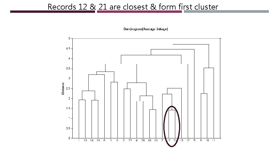 Records 12 & 21 are closest & form first cluster 