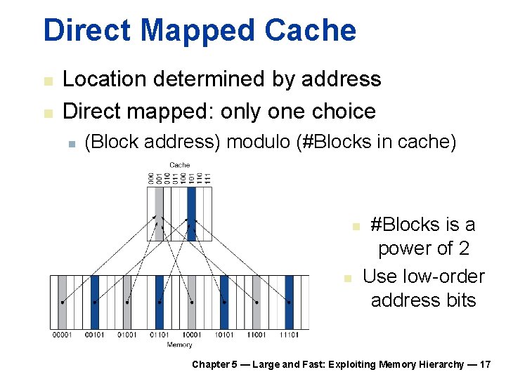 Direct Mapped Cache n n Location determined by address Direct mapped: only one choice