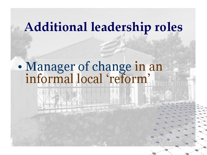 Additional leadership roles • Manager of change in an informal local ‘reform’ 