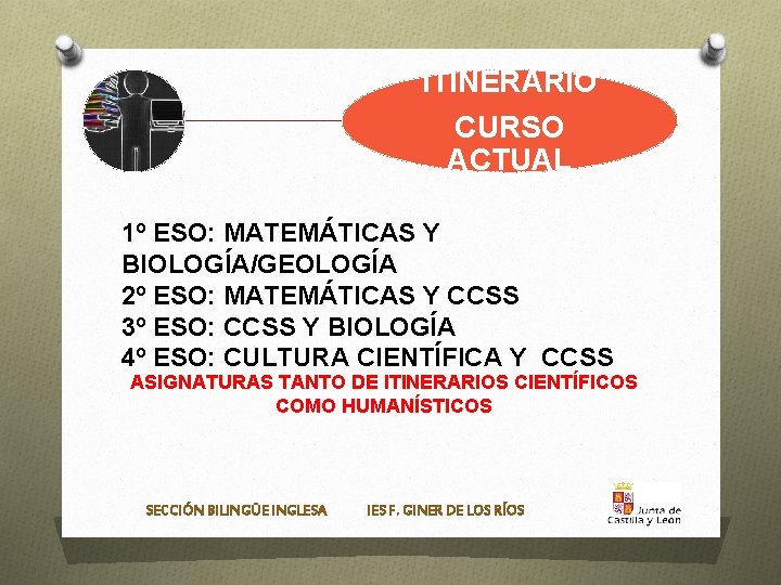 ITINERARIO CURSO ACTUAL 1º ESO: MATEMÁTICAS Y BIOLOGÍA/GEOLOGÍA 2º ESO: MATEMÁTICAS Y CCSS 3º