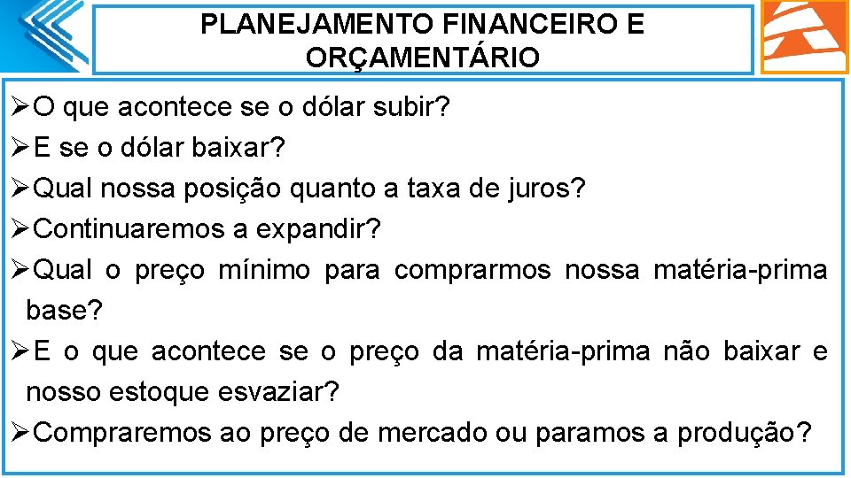 PLANEJAMENTO FINANCEIRO E ORÇAMENTÁRIO ØO que acontece se o dólar subir? ØE se o