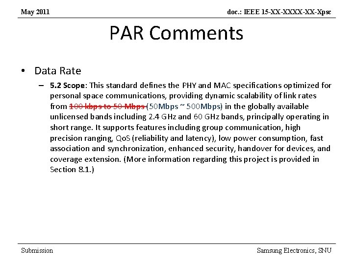 May 2011 doc. : IEEE 15 -XX-XX-Xpsc PAR Comments • Data Rate – 5.