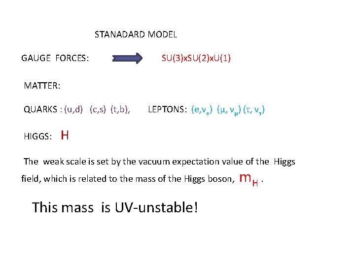 STANADARD MODEL GAUGE FORCES: SU(3)x. SU(2)x. U(1) MATTER: QUARKS : (u, d) (c, s) STANADARD MODEL GAUGE FORCES: SU(3)x. SU(2)x. U(1) MATTER: QUARKS : (u, d) (c, s)