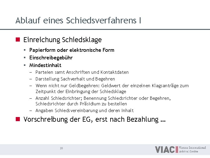 Ablauf eines Schiedsverfahrens I n Einreichung Schiedsklage § Papierform oder elektronische Form § Einschreibegebühr