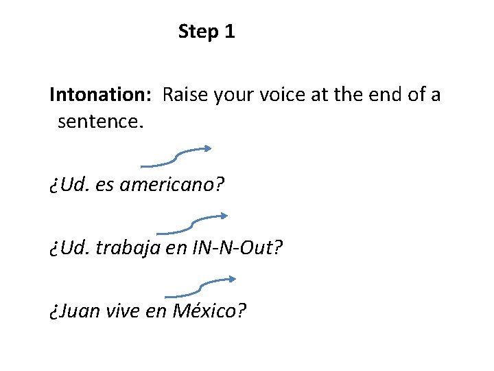 Step 1 Intonation: Raise your voice at the end of a sentence. ¿Ud. es