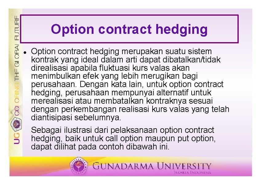 Option contract hedging merupakan suatu sistem kontrak yang ideal dalam arti dapat dibatalkan/tidak direalisasi