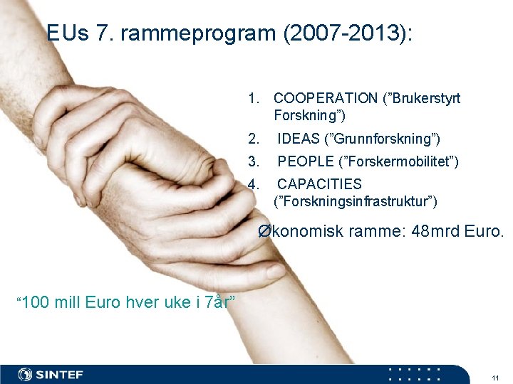 EUs 7. rammeprogram (2007 -2013): 1. COOPERATION (”Brukerstyrt Forskning”) 2. IDEAS (”Grunnforskning”) 3. PEOPLE