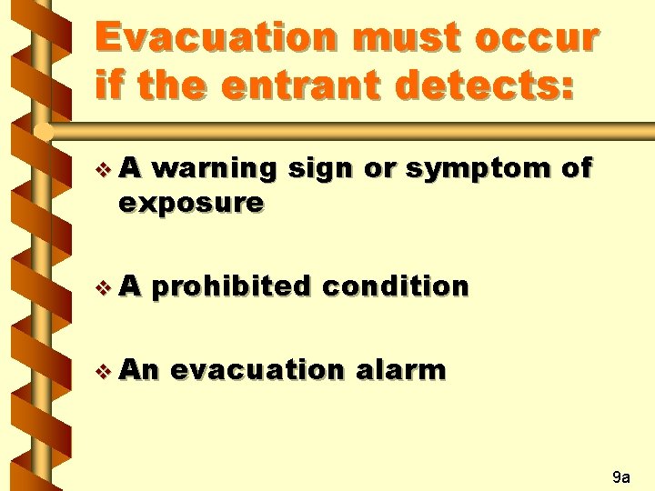 Evacuation must occur if the entrant detects: v. A warning sign or symptom of