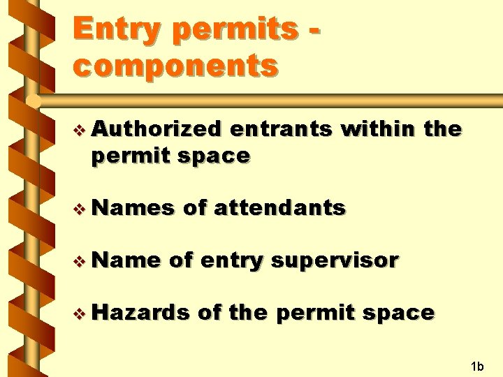 Entry permits components v Authorized entrants within the permit space v Names v Name