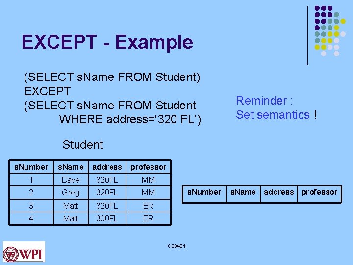 EXCEPT - Example (SELECT s. Name FROM Student) EXCEPT (SELECT s. Name FROM Student