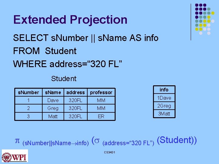 Extended Projection SELECT s. Number || s. Name AS info FROM Student WHERE address=“