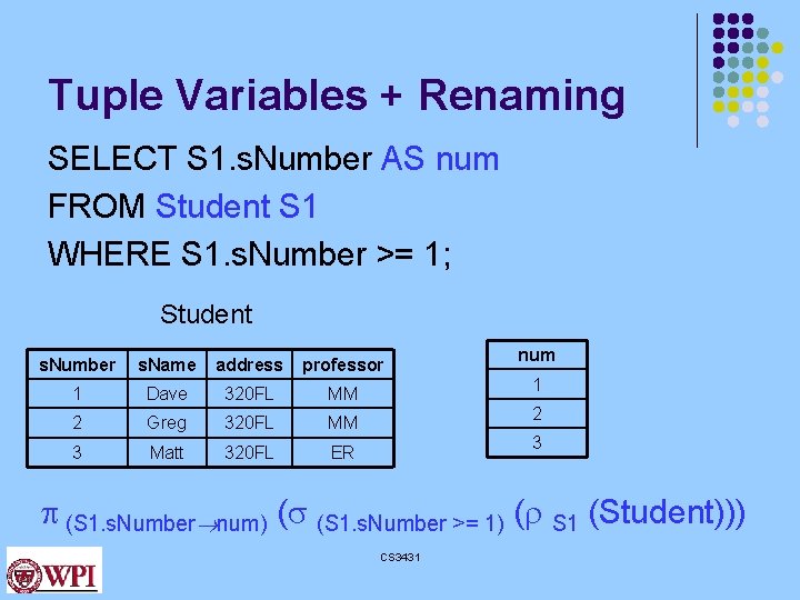 Tuple Variables + Renaming SELECT S 1. s. Number AS num FROM Student S