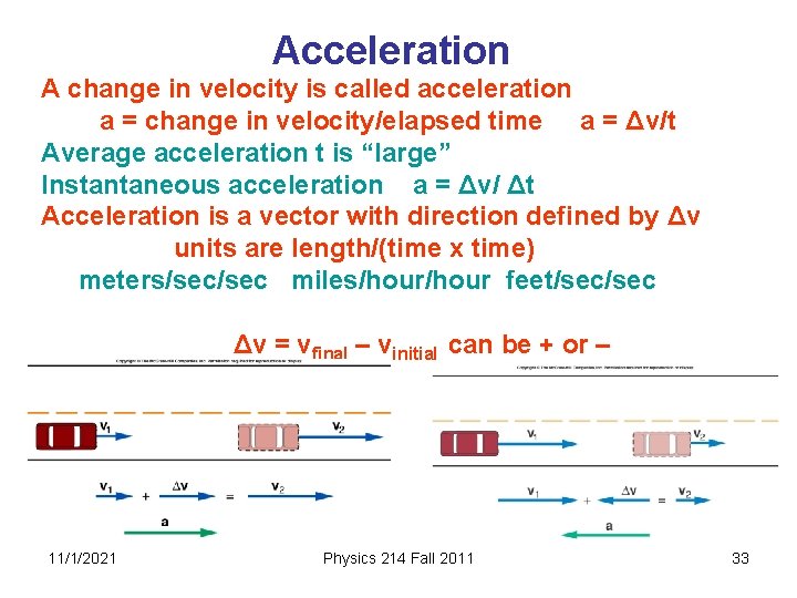 Acceleration A change in velocity is called acceleration a = change in velocity/elapsed time