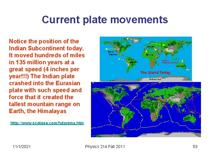 Current plate movements Notice the position of the Indian Subcontinent today. It moved hundreds