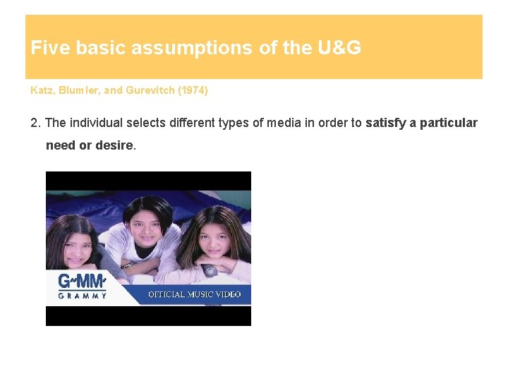 Five basic assumptions of the U&G Katz, Blumler, and Gurevitch (1974) 2. The individual