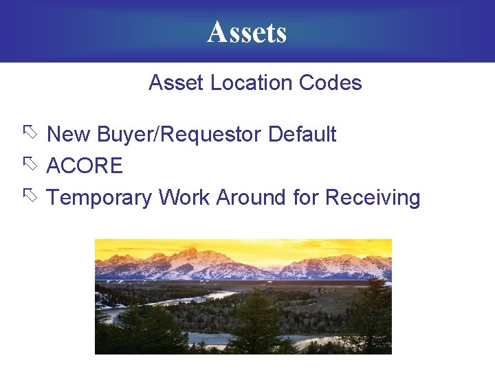 Assets Asset Location Codes õ New Buyer/Requestor Default õ ACORE õ Temporary Work Around