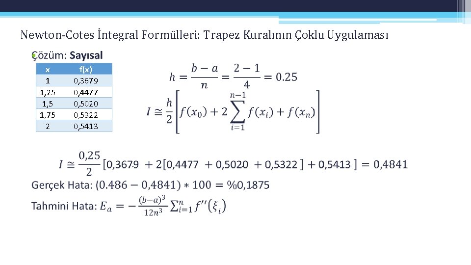 Newton-Cotes İntegral Formülleri: Trapez Kuralının Çoklu Uygulaması • x 1 1, 25 1, 75