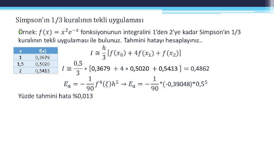 Simpson’ın 1/3 kuralının tekli uygulaması • x 1 1, 5 2 f(x) 0, 3679
