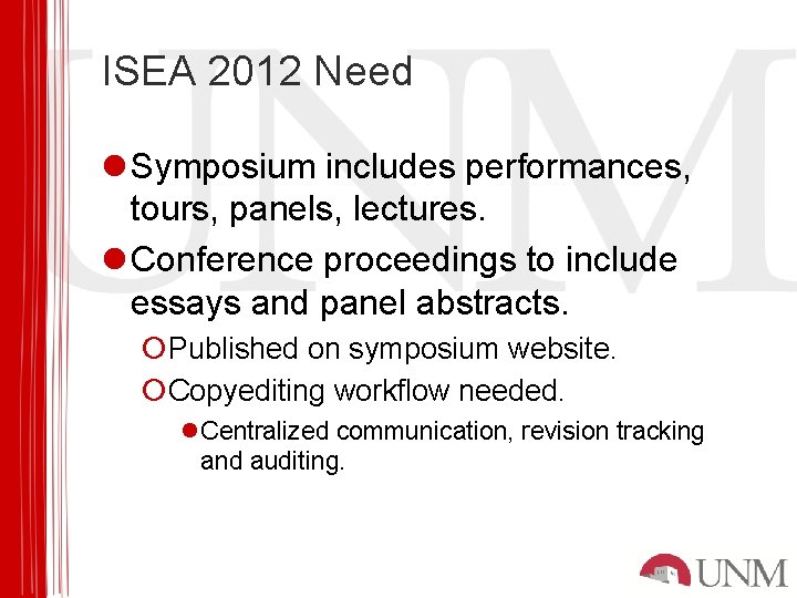 ISEA 2012 Need l Symposium includes performances, tours, panels, lectures. l Conference proceedings to