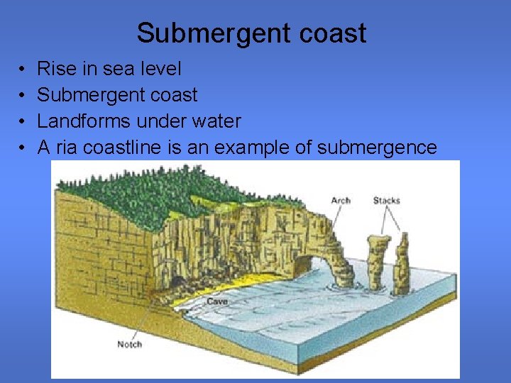 Submergent coast • • Rise in sea level Submergent coast Landforms under water A