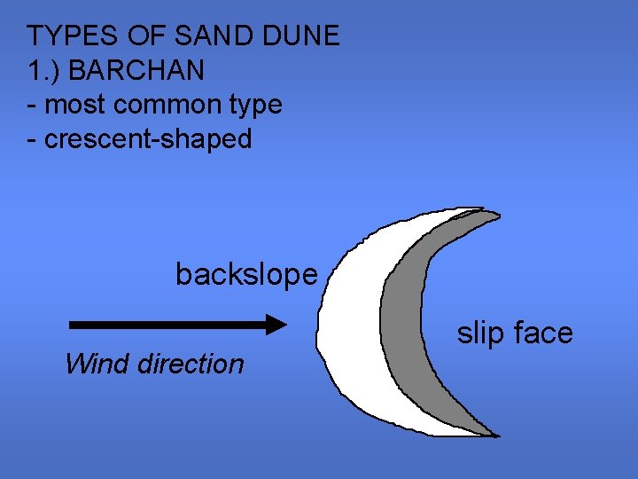 TYPES OF SAND DUNE 1. ) BARCHAN - most common type - crescent-shaped backslope