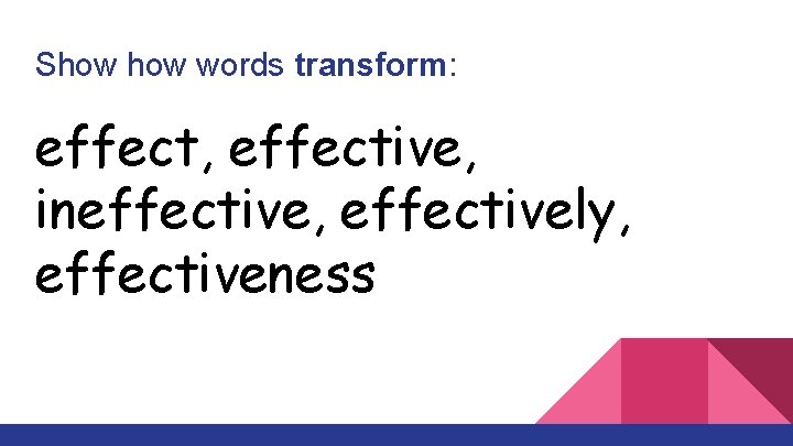 Show words transform: effect, effective, ineffective, effectively, effectiveness 