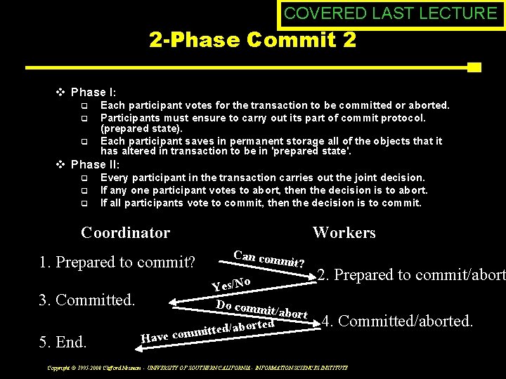 COVERED LAST LECTURE 2 -Phase Commit 2 v Phase I: Each participant votes for