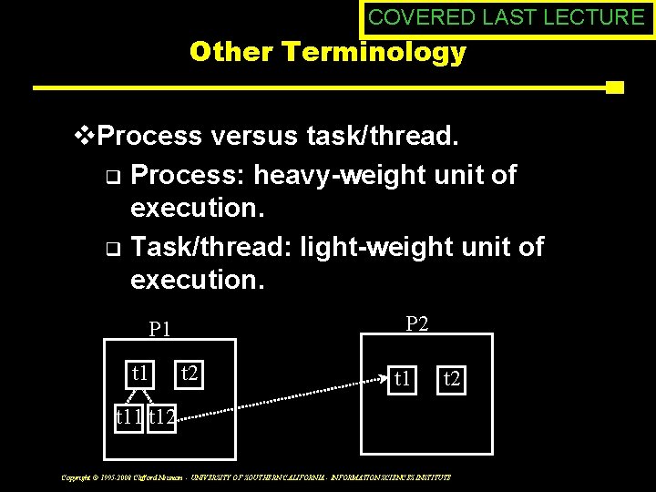 COVERED LAST LECTURE Other Terminology v. Process versus task/thread. q Process: heavy-weight unit of