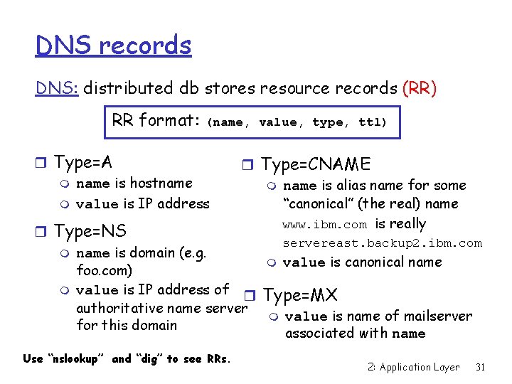 DNS records DNS: distributed db stores resource records (RR) RR format: (name, value, type,