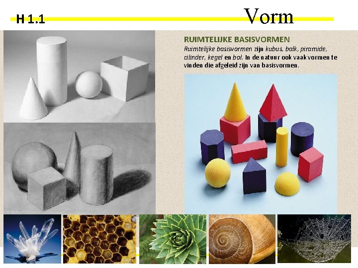 H 1. 1 Vorm RUIMTELIJKE BASISVORMEN Ruimtelijke basisvormen zijn kubus, balk, piramide, cilinder, kegel