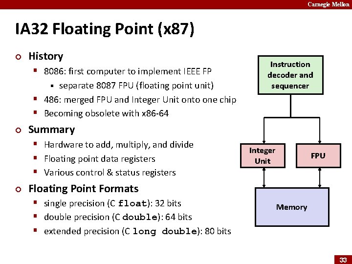 Carnegie Mellon IA 32 Floating Point (x 87) ¢ History § 8086: first computer