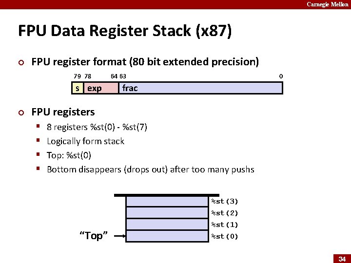 Carnegie Mellon FPU Data Register Stack (x 87) ¢ FPU register format (80 bit