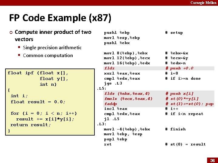 Carnegie Mellon FP Code Example (x 87) ¢ Compute inner product of two vectors
